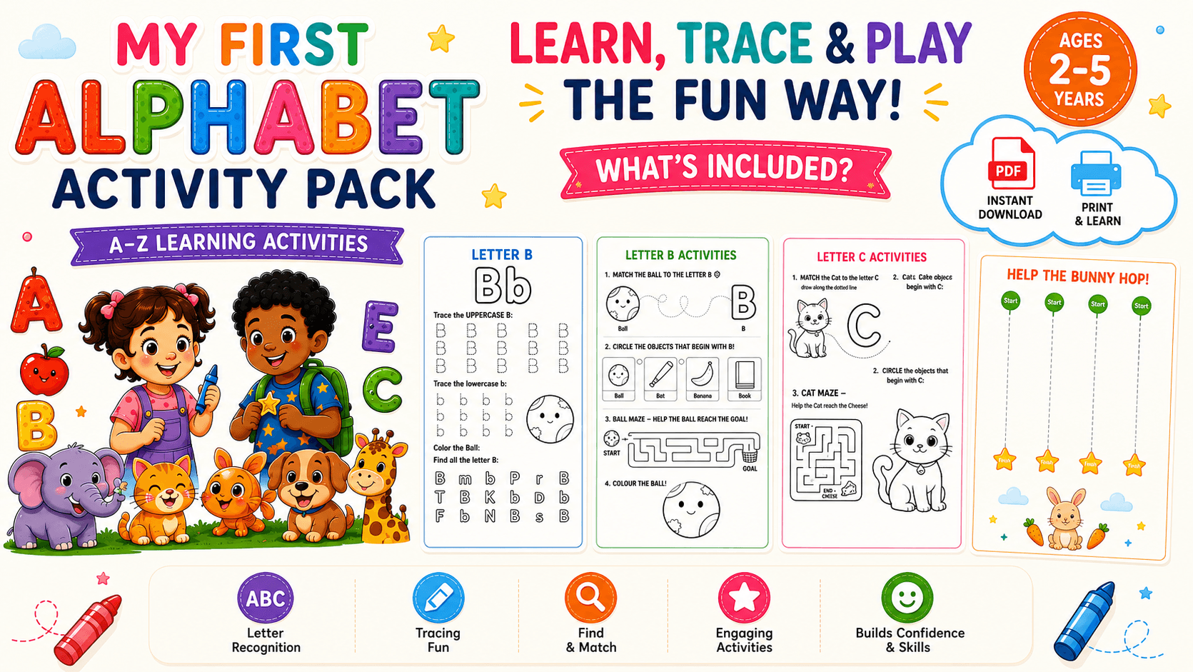 My First Alphabet Activity Book โ 54 activities to learn, trace, find, match and colour from A to Z