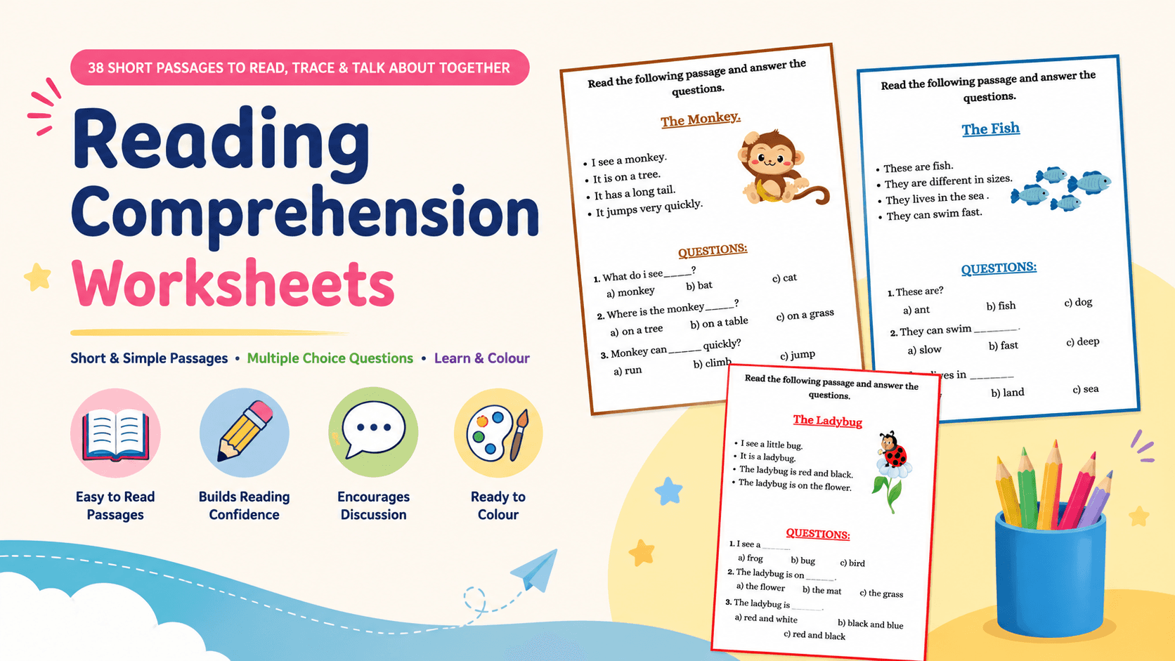 Reading Comprehension Worksheets โ 38 short passages to read, trace and talk about together