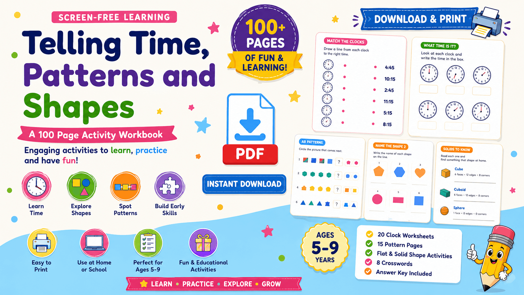 Telling Time, Patterns and Shapes: A 100-Page Activity Workbook