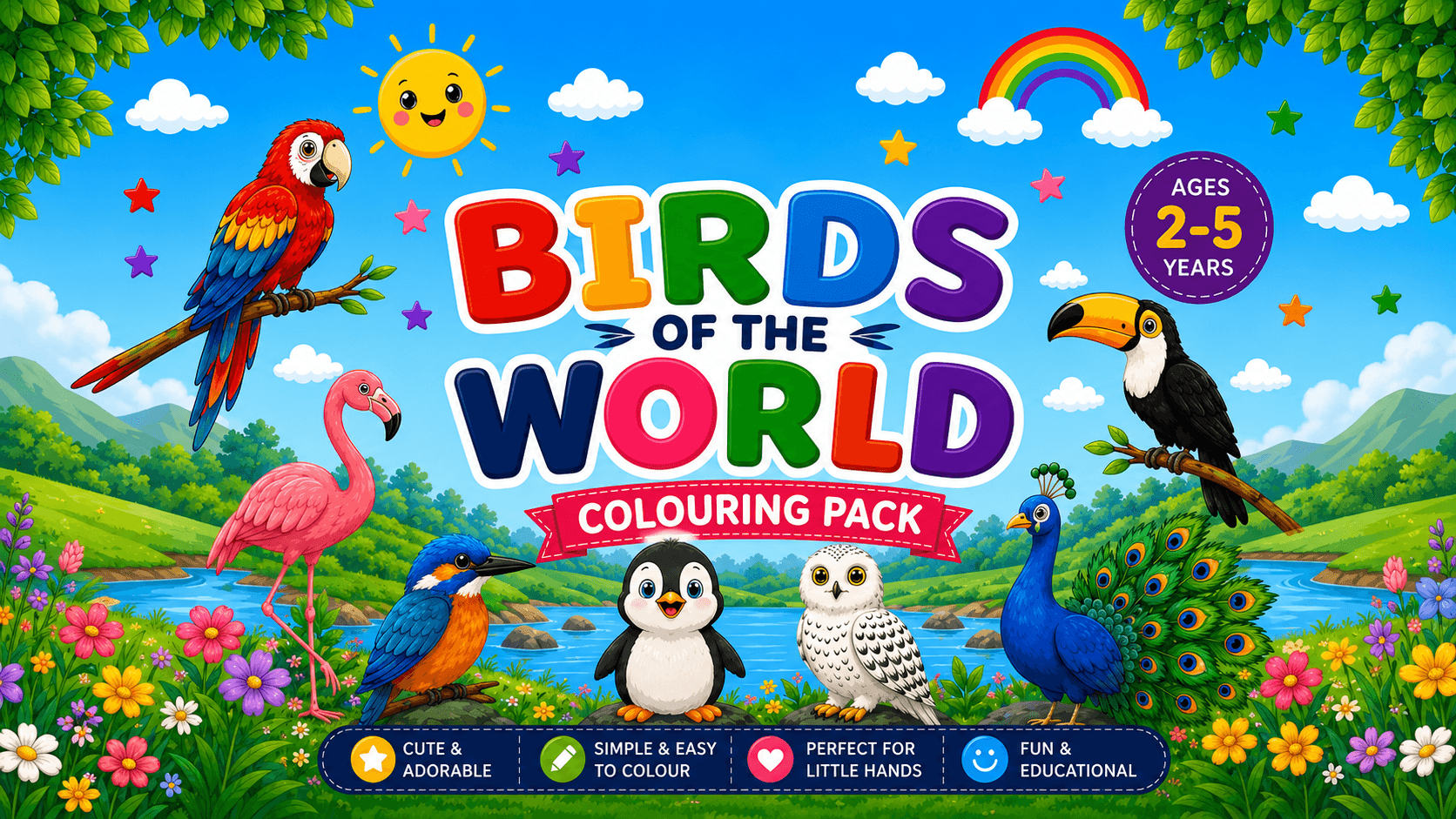 Birds of the World Coloring Pack โ Peacocks, parrots, owls and more, with names in English