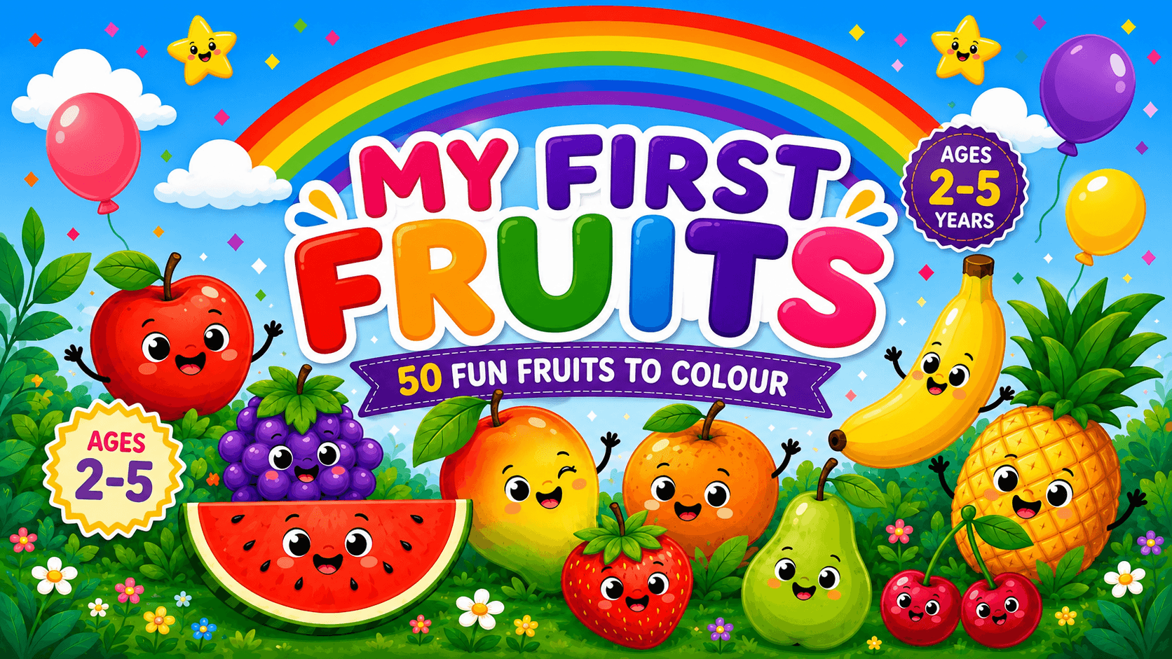 Fruits Coloring & Learning Pack โ Apples, mangoes, bananas and more, with names to match