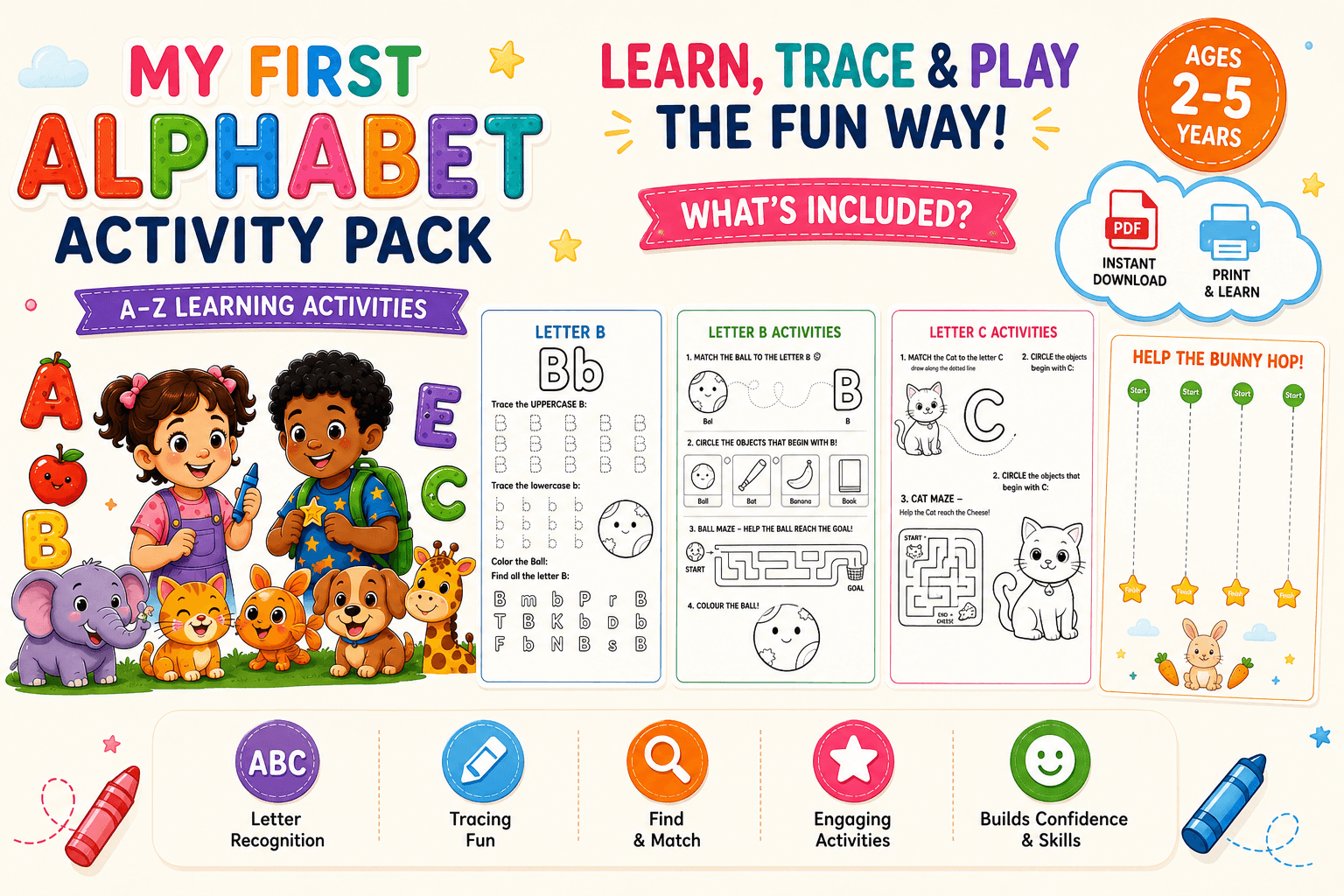 My First Alphabet Activity Book โ 54 activities to learn, trace, find, match and colour from A to Z