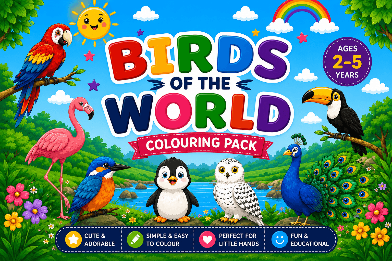 Birds of the World Coloring Pack โ Peacocks, parrots, owls and more, with names in English