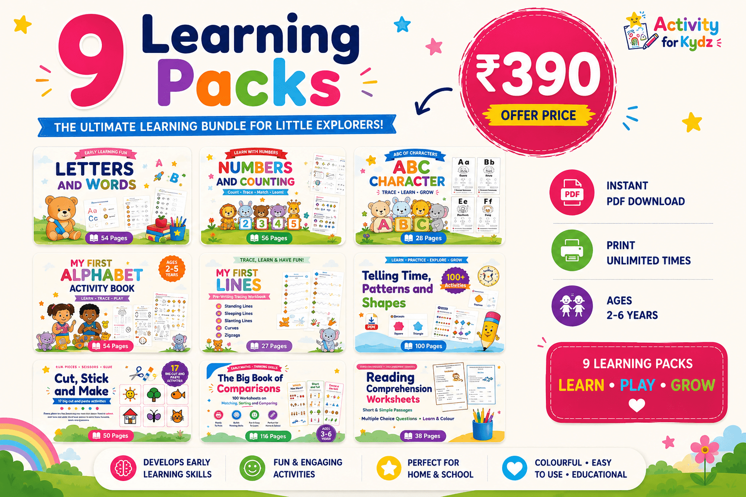 All 9 Learning Packs โ instant PDF download, print unlimited times
