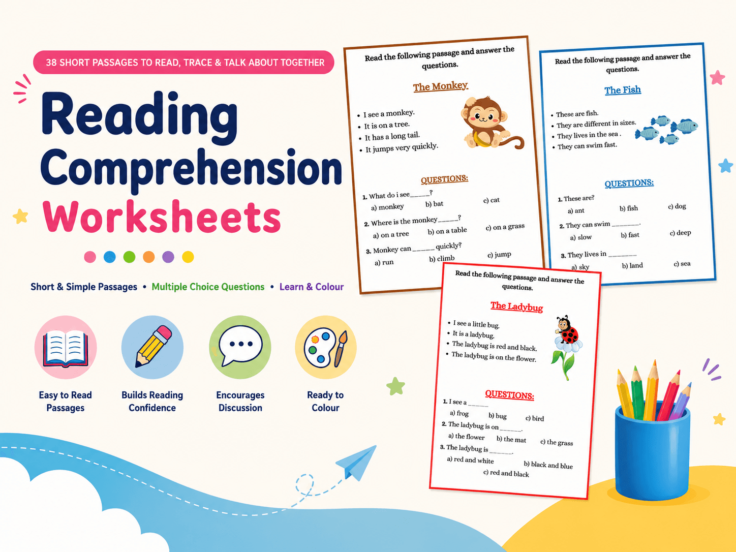 Reading Comprehension Worksheets โ 38 short passages to read, trace and talk about together