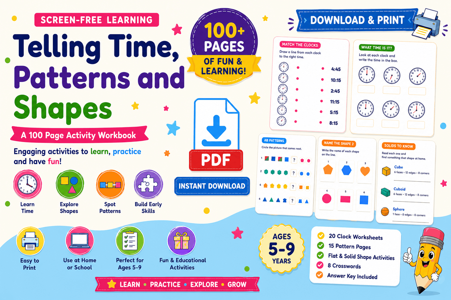 Telling Time, Patterns and Shapes: A 100-Page Activity Workbook
