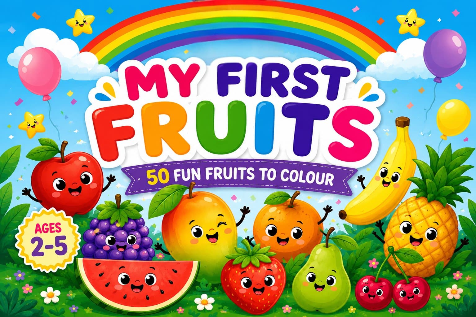 Fruits Coloring & Learning Pack โ Apples, mangoes, bananas and more, with names to match